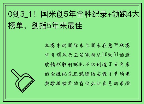 0到3_1！国米创5年全胜纪录+领跑4大榜单，剑指5年来最佳