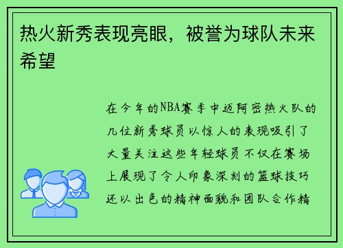 热火新秀表现亮眼，被誉为球队未来希望