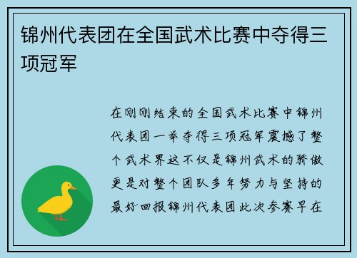 锦州代表团在全国武术比赛中夺得三项冠军