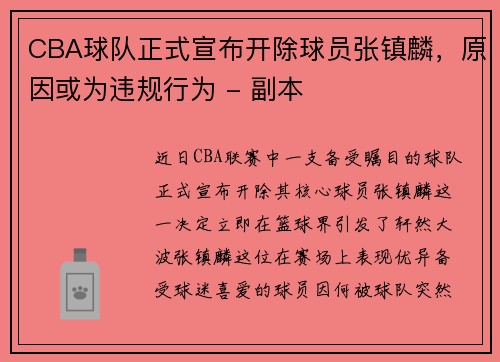 CBA球队正式宣布开除球员张镇麟，原因或为违规行为 - 副本