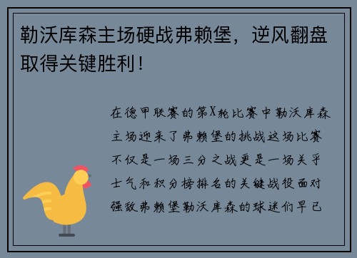 勒沃库森主场硬战弗赖堡，逆风翻盘取得关键胜利！